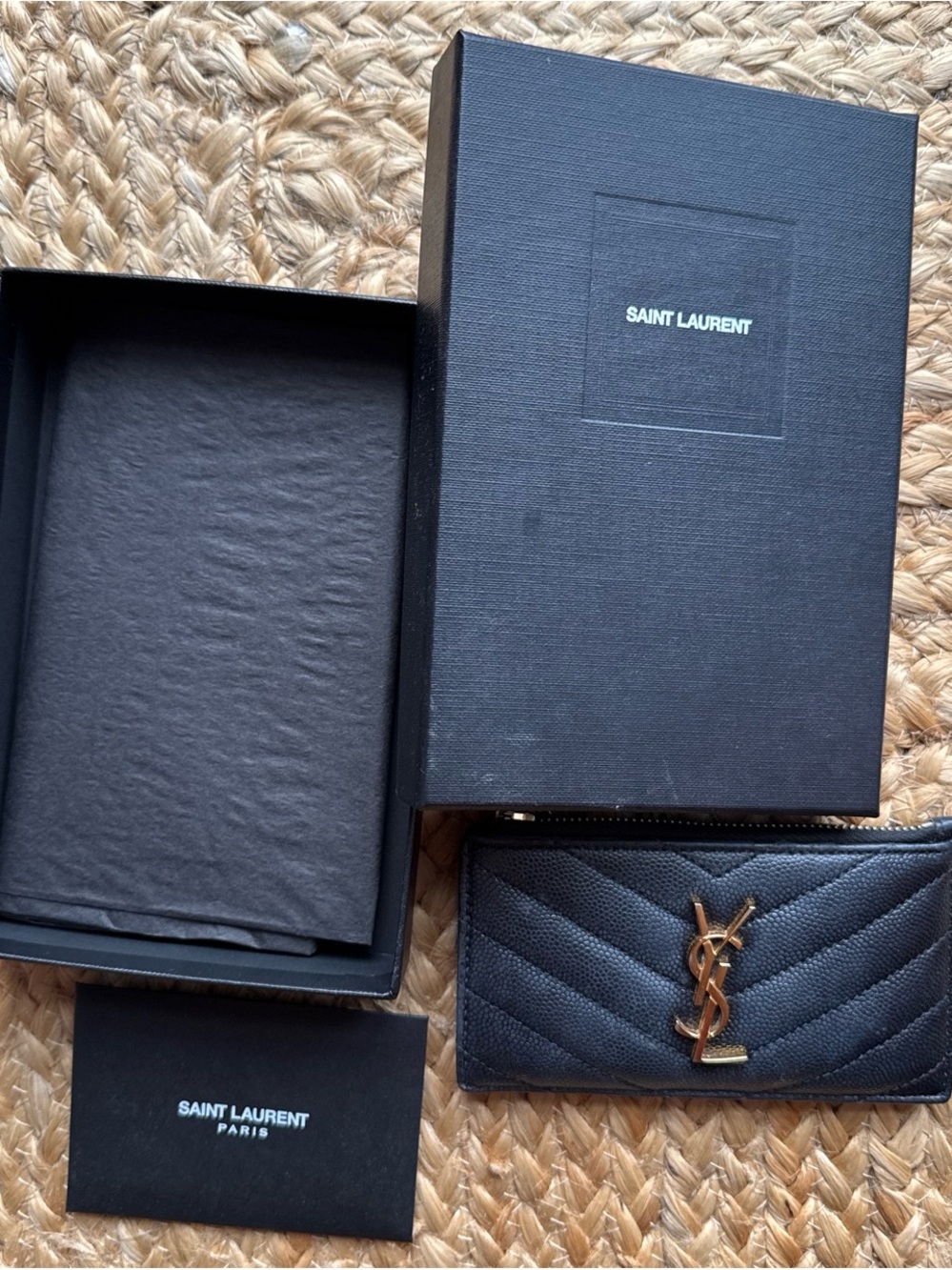 Saint Laurent Black Quilted Leather Card Holder with Gold YSL Emblem